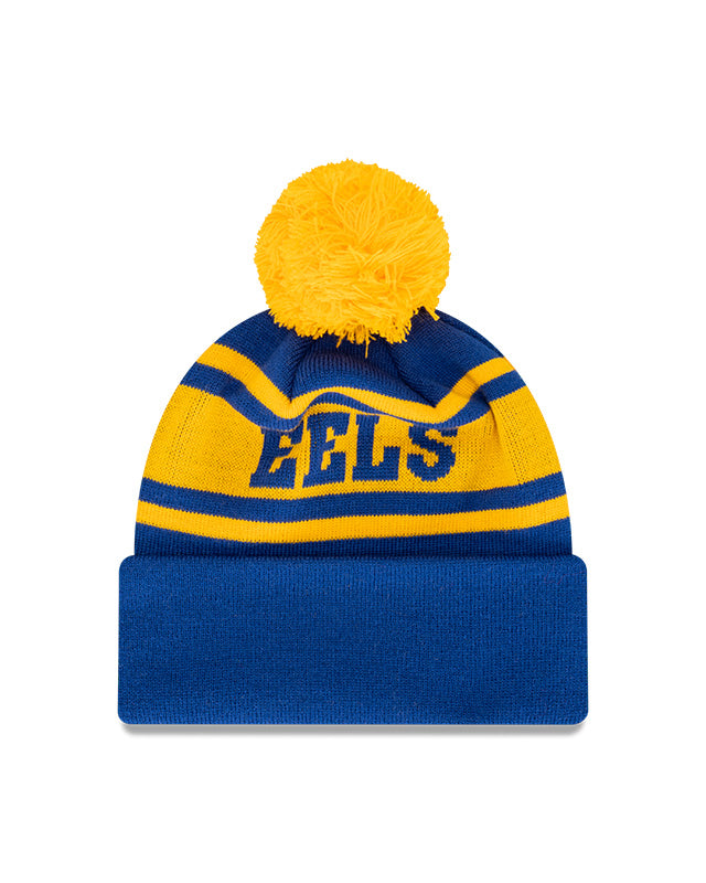 Parramatta Eels Beanie - NRL Blue Retro Spellout Pom Knit - New Era